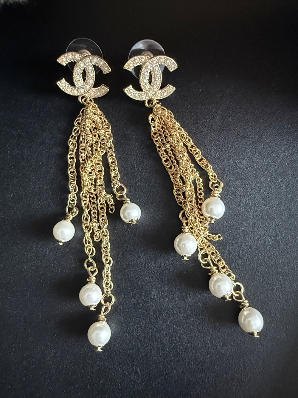Gold Crystal CC Tassel Earrings with White Pearls